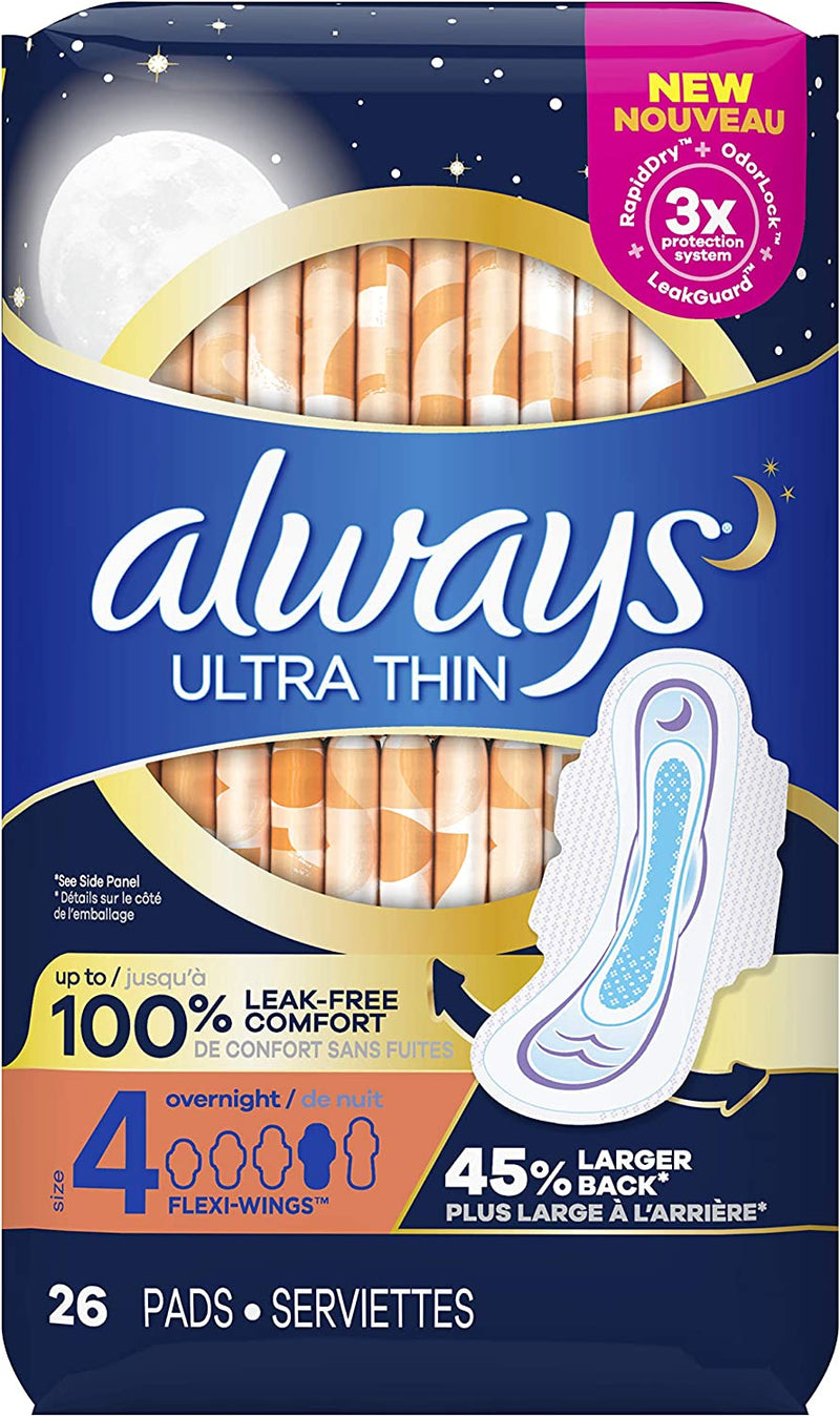 Always Ultra Thin Overnight Pads Size 4, Unscented with Wings, 26 Count