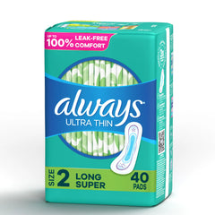 Always Fem Hygiene, Pads Ultra Thin without Wings Super Size 2 (Long), 40 Count