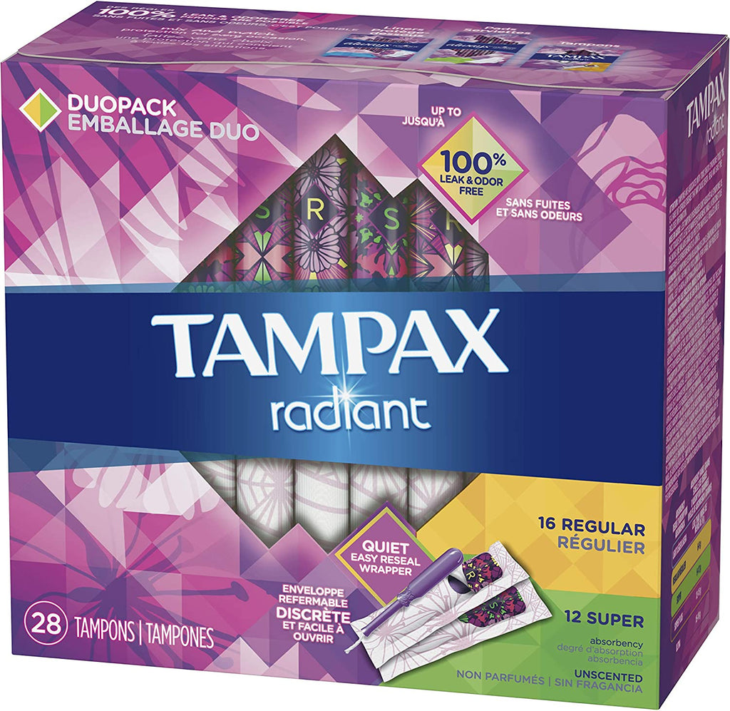 Tampax Radiant Plastic Tampons, Regular/Super Absorbency Duopack, 28 Count