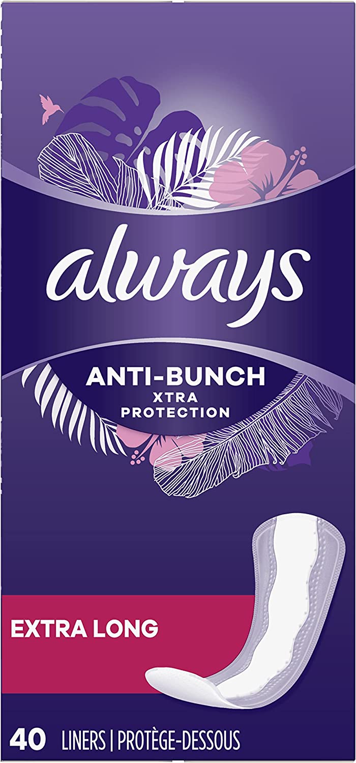 Always Anti-Bunch Xtra Protection Daily Liners Extra Long Unscented, 40 Count