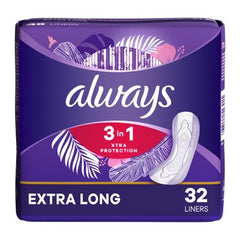 Always Xtra Protection 3-in-1 Daily Liners, Extra Long with Leakguard, 32 Ct