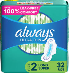 Always Ultra Thin Pads, Size 2 Long Super, With Wings, Unscented, 32 Count