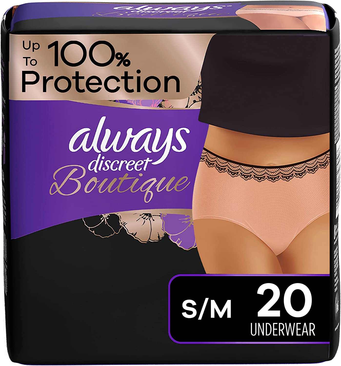 Always Discreet Boutique Disposable Underwear For Women, Size Small/Medium,  Maximum Absorbency, 20 Count
