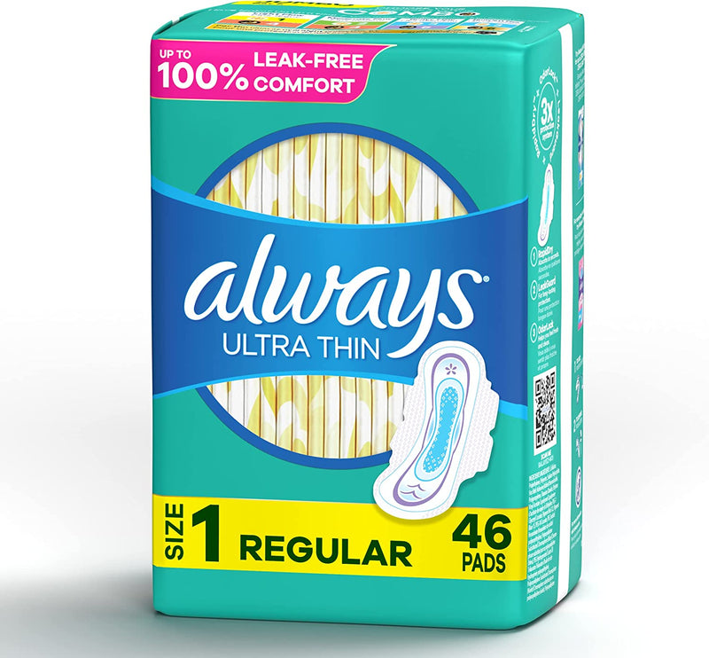 Always Ultra Thin, Feminine Pads Size 1 Regular, With Wings, Unscented, 46 Count