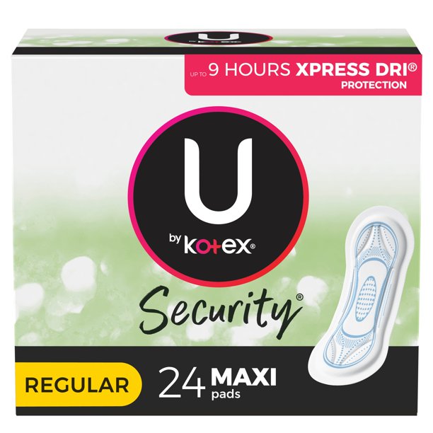 U by Kotex Security Maxi Feminine Pads, Regular Absorbency, Unscented, 24 Count*