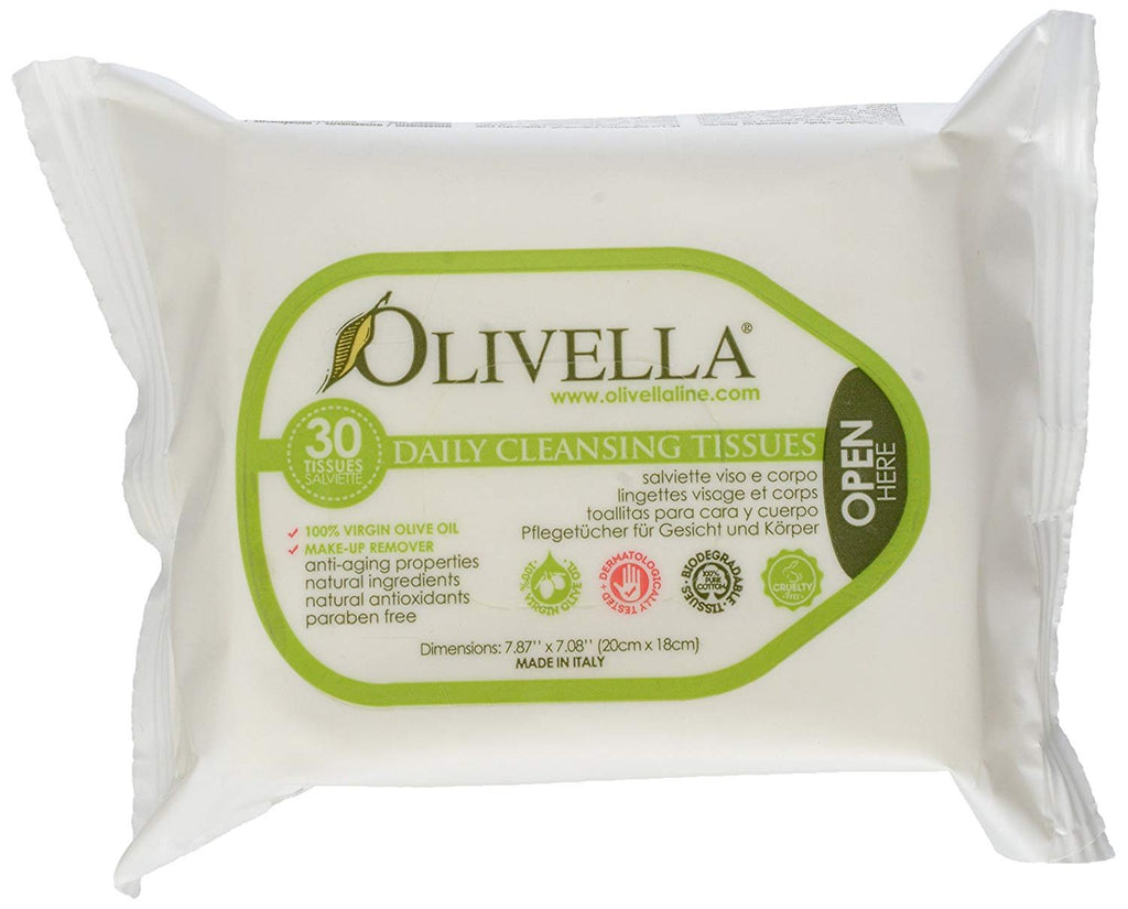 Olivella Daily Cleansing Tissues - Moist Make-up Remover Towelettes - 30 ct