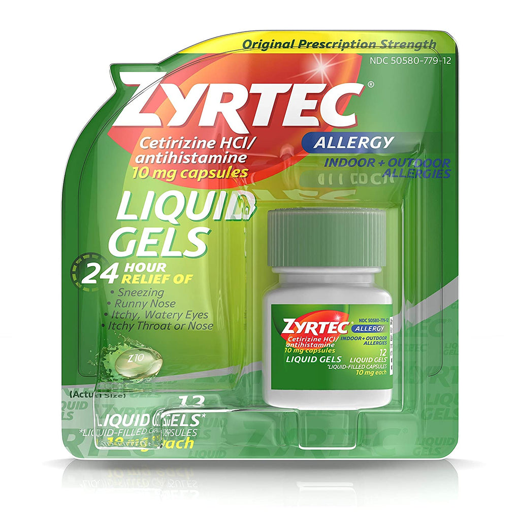 Zyrtec 24 HR Indoor & Outdoor Allergy Liquid Gels Capsules, Cetirizine HCI Antihistamine, 12 Ct *ABC Ecom*