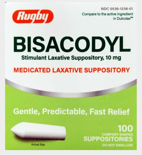Rugby Bisacodyl 10mg Laxative Suppositories, 100 Count