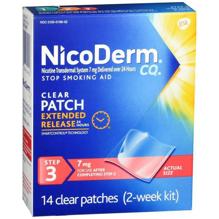 NicoDerm CQ Stop Smoking Aid 7 mg Clear Nicotine Patches, Step 3, 14 CT