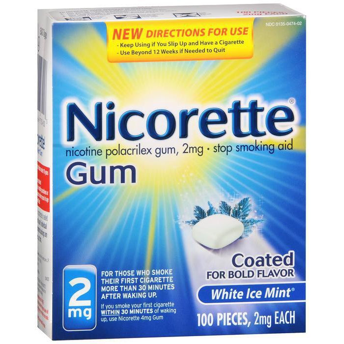Nicorette OTC Stop Smoking Nicotine Gum, 2mg-White Ice Mint-100 CT