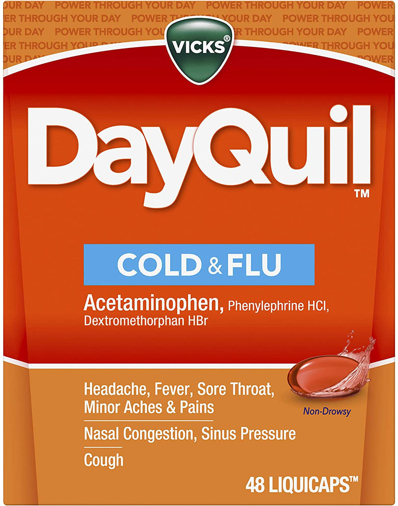 Vicks DayQuil LiquiCaps, Cough, Cold & Flu Relief, Sore Throat, Fever, & Congestion Relief, Non- Drowsy, 48 LiquiCaps