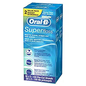 Oral-B Dental Floss for Braces, Super Floss Pre-Cut Strands, Mint, 50 Count, Pack of 2