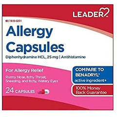 Leader Allergy Capsules, Diphenhydramine Hydrochloride, 24 Capsules
