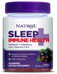 Natrol Sleep + Immune Health Supplement Gummies. Melatonin, Elderberry, Zinc, Vitamins C & D. Supports immune health & revitalizing sleep. 100% drug-free. Berry flavor. 50 ct. 