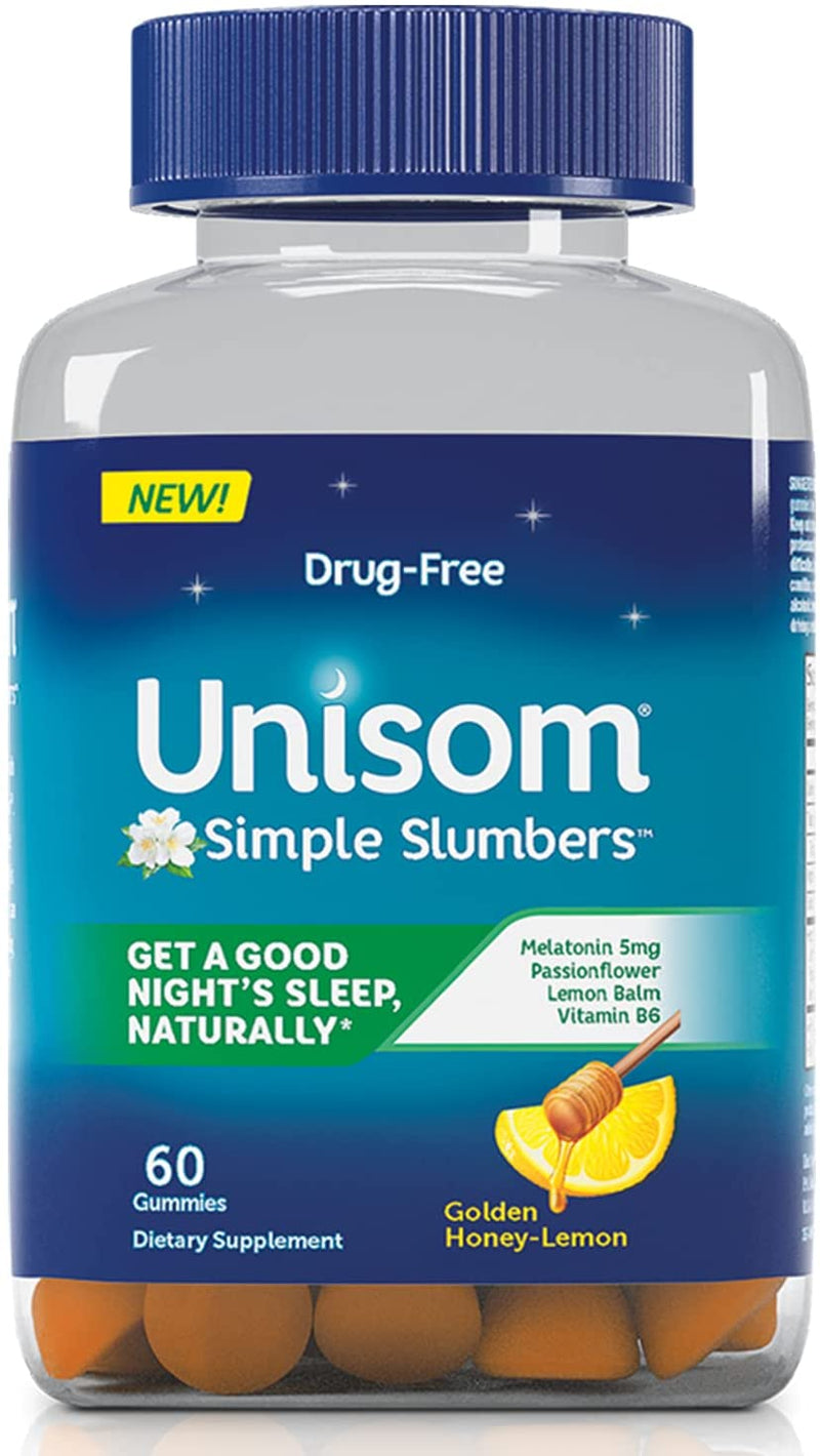 Unisom Drug-Free Simple Slumbers Gummies, Golden Honey Lemon w Melatonin 5mg, 60 ct gummies