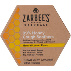 Zarbee's Naturals 99% Honey Cough Soothers for Hoarseness, Dry Throat, Irritants - 14 Lozenges - Natural Lemon Flavor. 