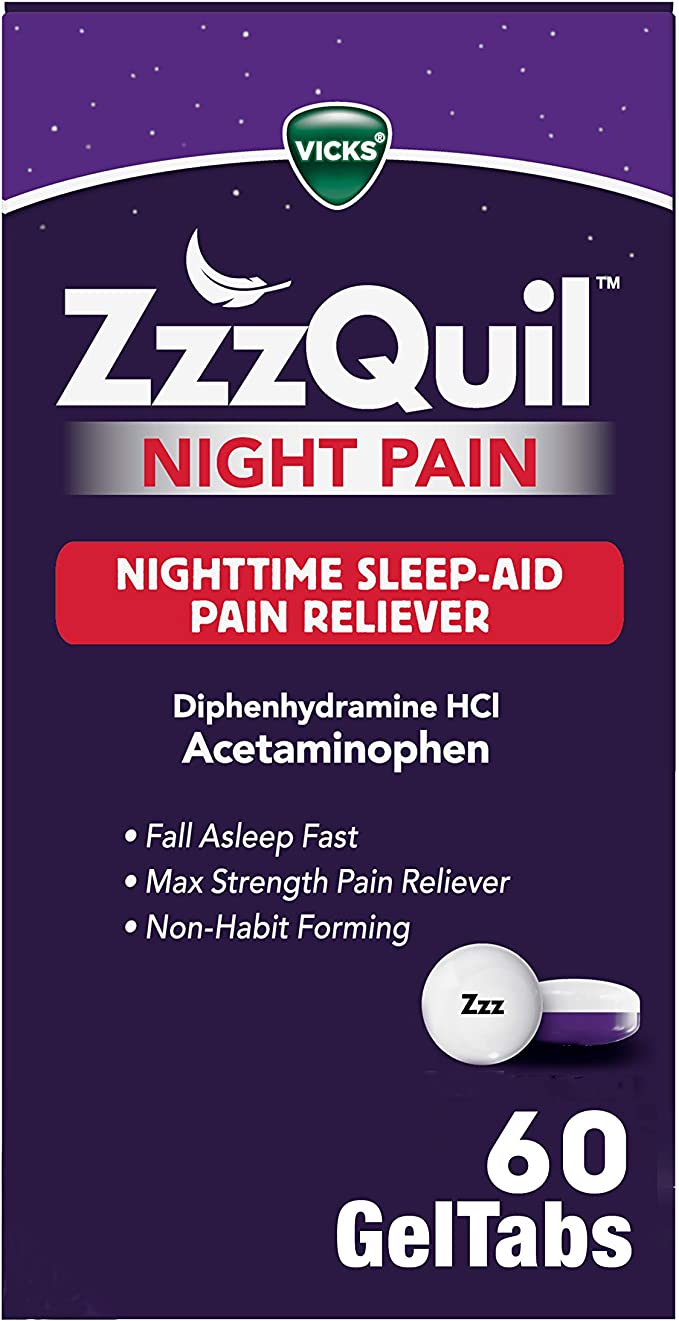 ZzzQuil Night Pain GelTabs, Nighttime Pain Relief, Sleep Aid Tablets, Diphenhydramine HCl and Acetaminophen, No.1 Sleep Aid Brand, Max Strength Pain Reliever, 60 GelTabs