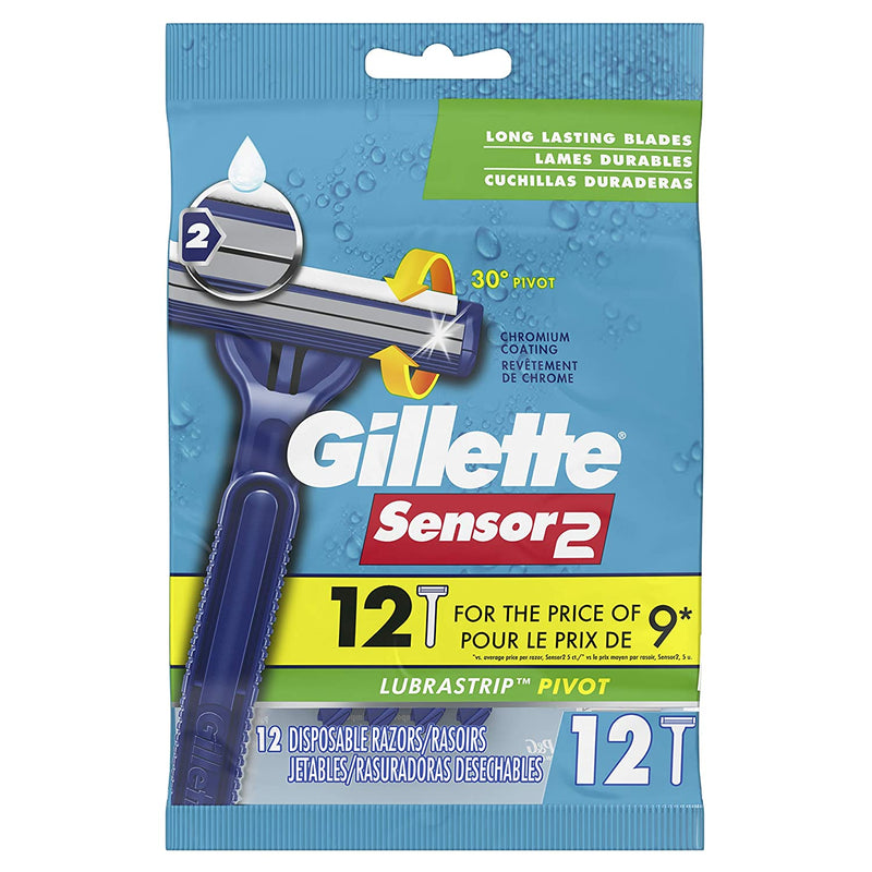 Gillette Sensor2 Pivoting Head + Lubrastrip Men's Disposable Razors, 12 Count
