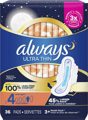 Always Ultra Thin Pads Size 4 Overnight Absorbency Unscented with Wings, 36 Count