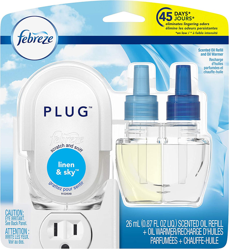 Febreze Fade Defy PLUG Air Freshener & Odor Fighter Starter Kit with Linen & Sky (1) .87 fl. oz. Oil Refill