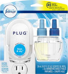 Febreze Fade Defy PLUG Air Freshener & Odor Fighter Starter Kit with Linen & Sky (1) .87 fl. oz. Oil Refill