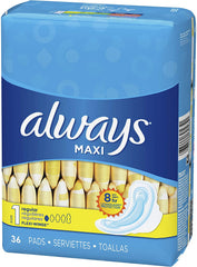 ALWAYS Maxi Size 1 Regular Pads With Wings Unscented, 36 Count