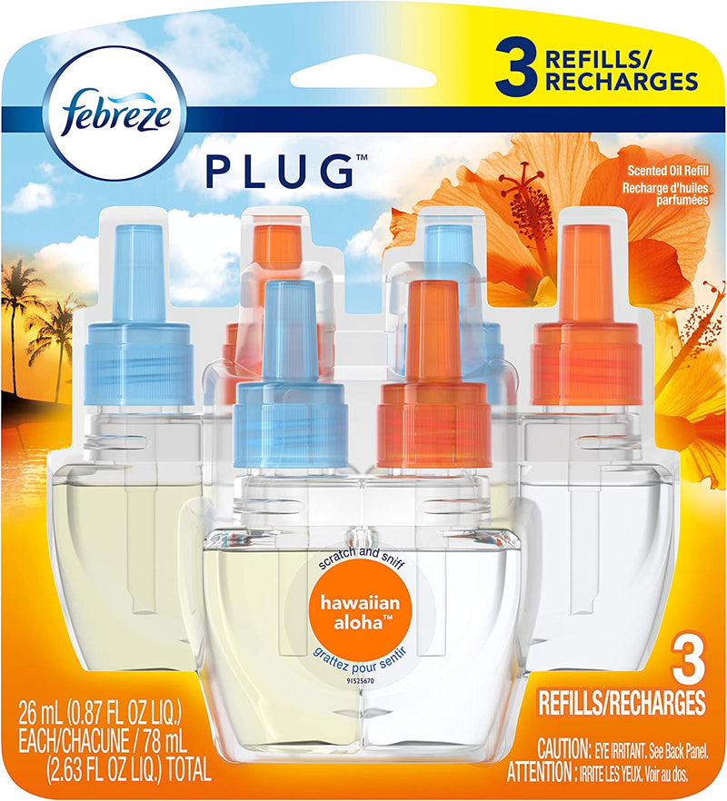 Febreze Odor-Fighting PLUG Air Freshener Refill, Hawaiian Aloha, (3) .87 fl oz Oil Refills