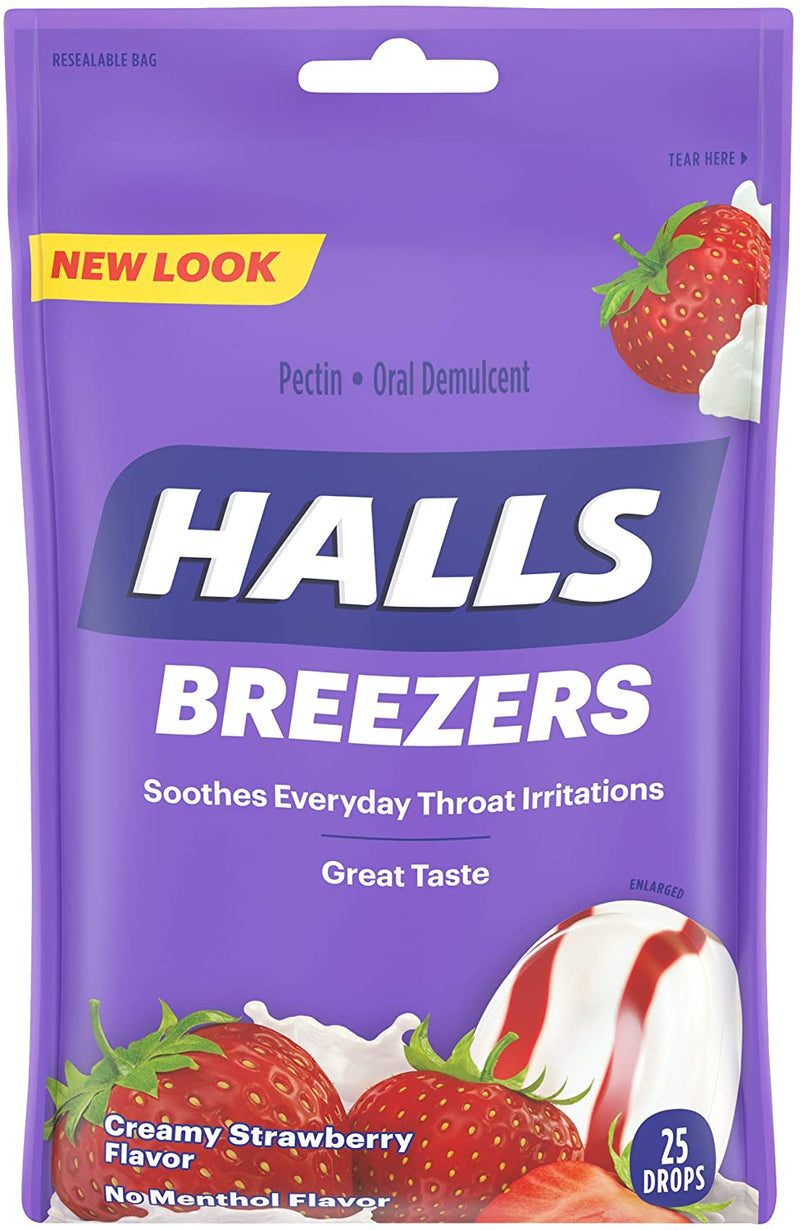 Halls Breezers Pectin Oral Demulcent Lozenges, Creamy Strawberry - 25 ct drops