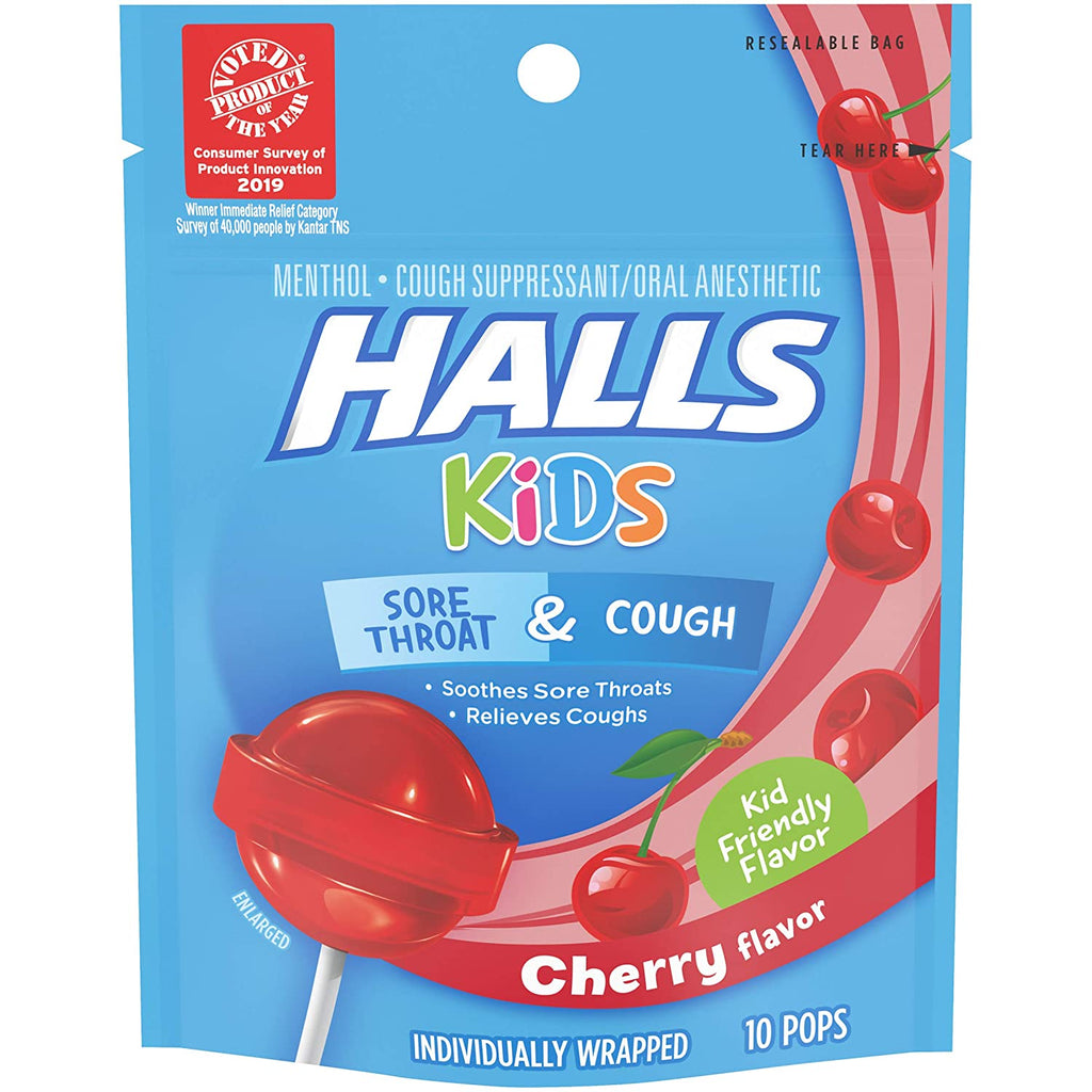Halls Kids Menthol Sore Throat & Cough Pops, Cherry - 10 ct*