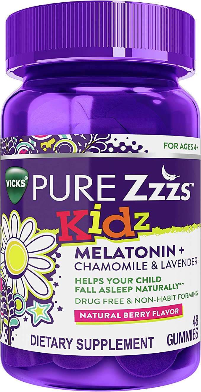 VICKS PURE Zzzs Kidz, Melatonin Sleep Aid Gummies for Kids and Children, Helps Your Child Fall Asleep Naturally, Low Dose Melatonin, Berry Flavored, 48 Gummies