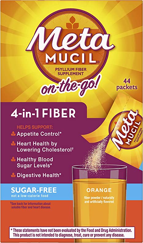 Metamucil Fiber, 4-in-1 Psyllium Fiber Supplement, Sugar-Free Powder Single-Serve Packets, 44 Count