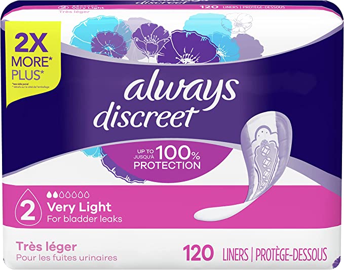 Always Discreet, Incontinence & Postpartum Liners For Women, Size 2, Very Light Absorbency, Regular Length, 120 Count