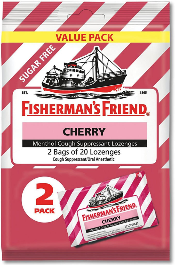 Fisherman's Friend Cherry Menthol Cough Suppressant Lozenges - Sugar Free - Value Pack Bag 2 x 20 ct