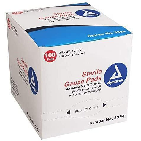 Dynarex Sterile Gauze Pads, 4" x 4", 12 Ply, Pack of 100