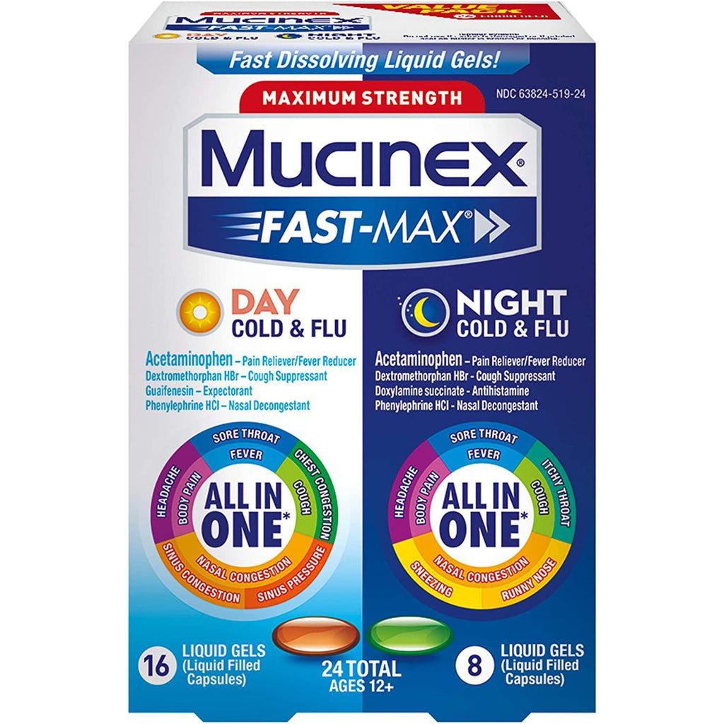 Mucinex Fast-Max Maximum Strength, Day and Night, All in One Liquid Gels, 24 LiquidGels