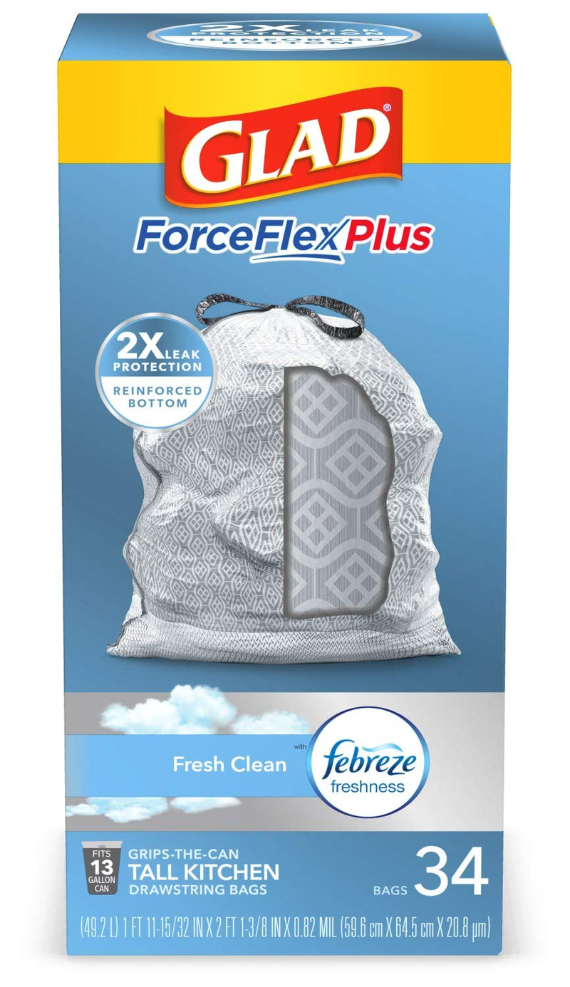 Glad ForceFlexPlus Tall Kitchen Drawstring Trash Bags - 13 Gallon Grey Trash Bag 34 Count