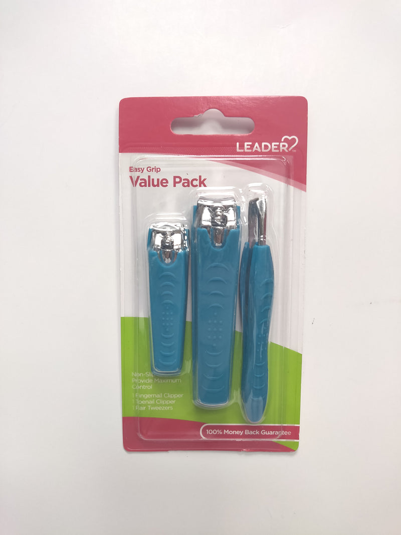 Leader Easy Grip Value Pack - Fingernail Clipper, Toenail Clipper, Slant Tip Tweezers - Blue