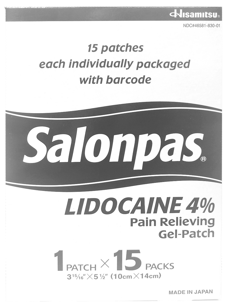 VALUE PACK - Salonpas Lidocaine 4% Pain Relieving Gel Patch 3 15/16" x 5 1/2" - Box of 15 Individually Wrapped Patches