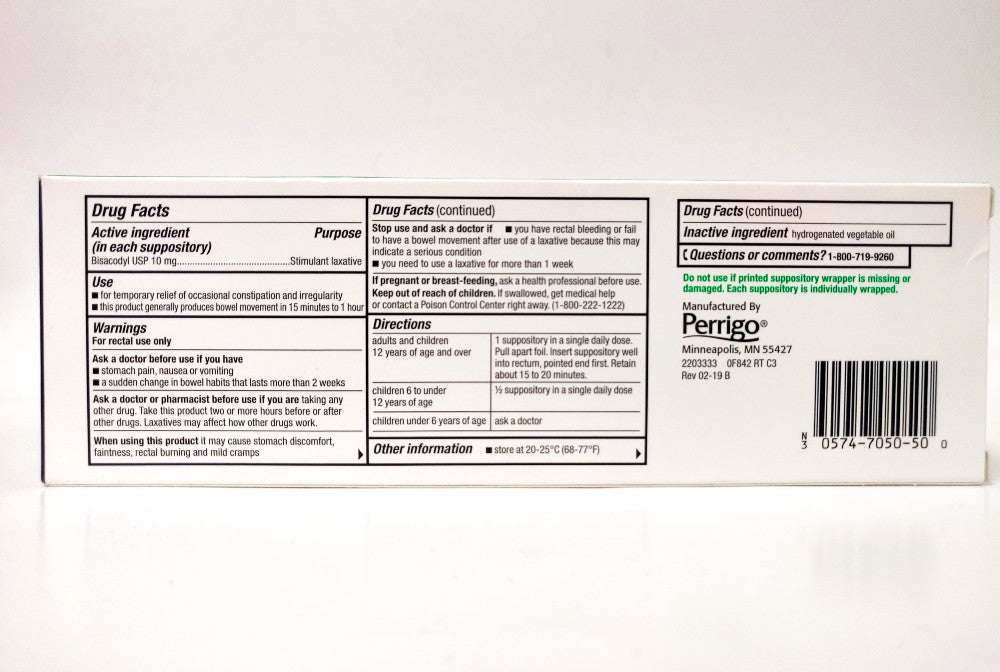 Perrigo Bisacodyl USP 10 mg Stimulant Laxative - 50 Suppositories for ...
