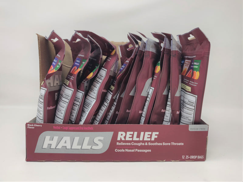 Halls Relief Sugar Free Black Cherry Menthol Cough Drops - Value Pack 12 bags of 25 Drops Each