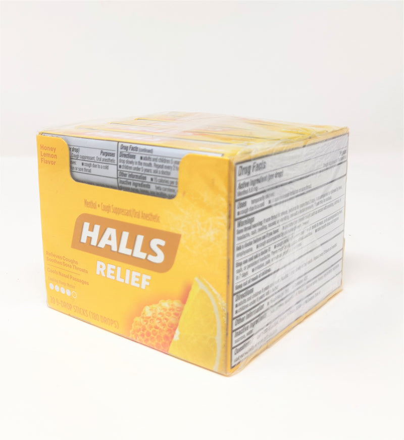 Halls Relief Honey Lemon Flavor Menthol Cough Drops - 20 x 9 Drop Sticks Value Pack