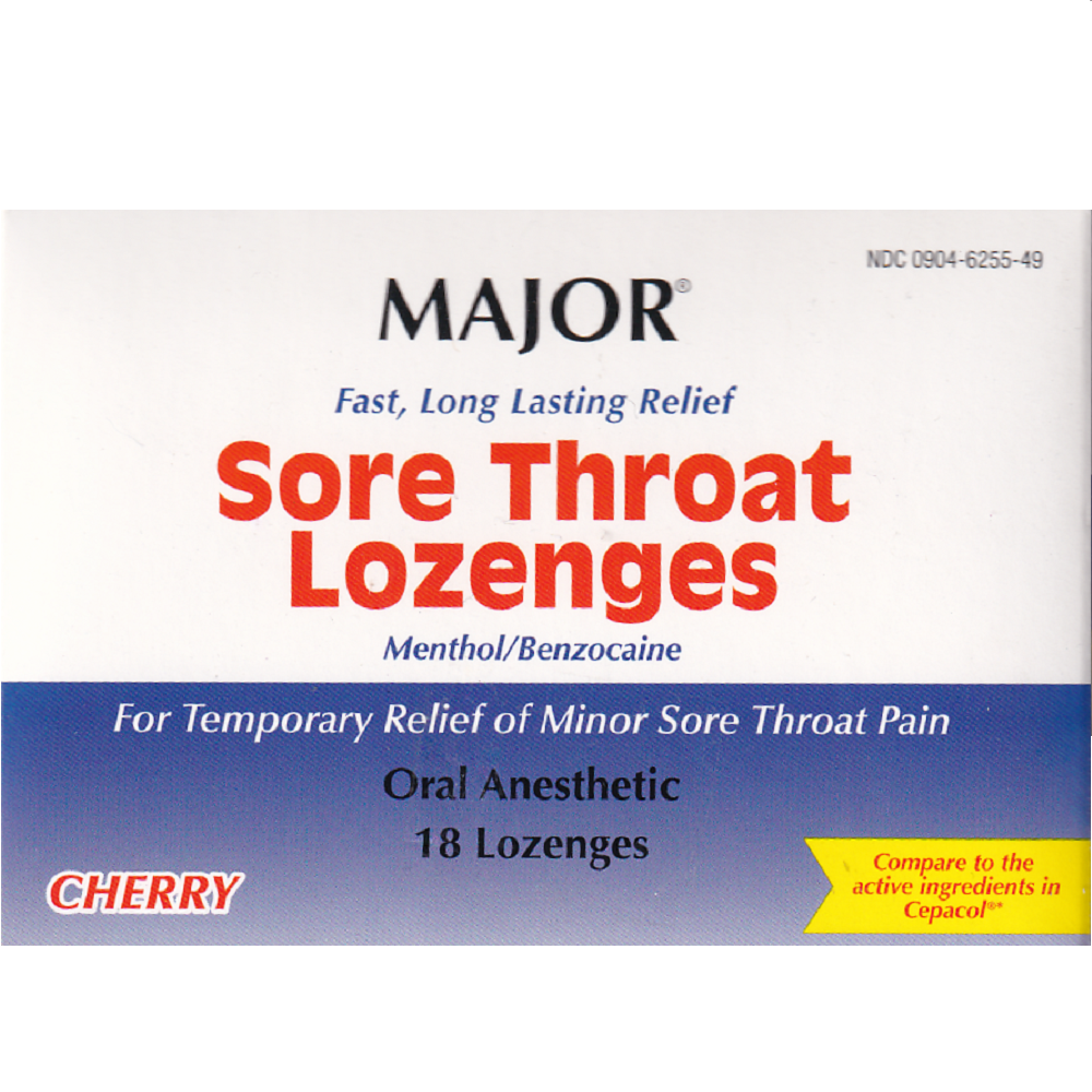 Major Sore Throat Lozenges Menthol & Benzocaine, Cherry, 18 ct