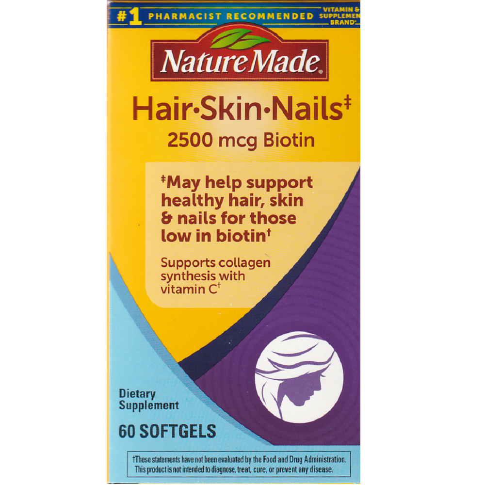 Nature Made Hair Skin Nails 2500 mcg Biotin Dietary Supplement 60 Softgels