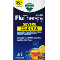 Vicks FluTherapy Night Severe Cold & Flu w Acetaminophen - 9 Packets - Hot Drink