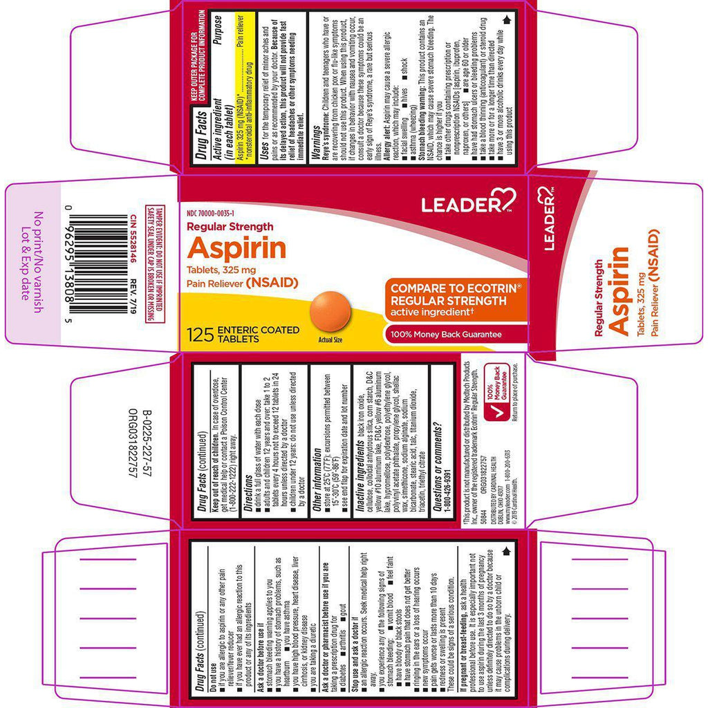 Leader Aspirin 325mg Tablets, Enteric Coated, 125 Count