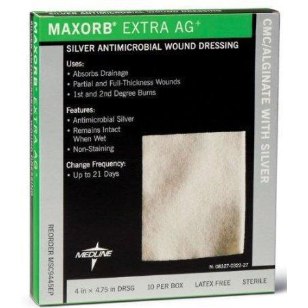 Maxorb Extra AG Silver Antimicrobial Wound Dressings, 4"x4.75", Box of 10 Dressings