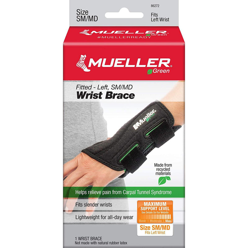 Mueller Green Fitted Wrist Brace, Black, Left Hand, Small/Medium, 1 Count