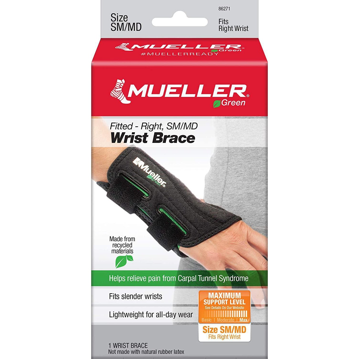 Mueller Green Fitted Wrist Brace, Right Hand, Small/Medium