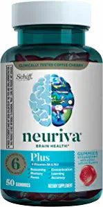 NEURIVA Plus Brain Supplement For Memory, Focus & Concentration + Cognative Function with Vitamins B6 & B12 and Clinically Tested Nootropics Phosphatidylserine and Neurofactor, 50ct Strawberry Gummies