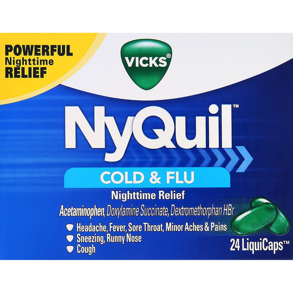 Vicks NyQuil Cough Cold and Flu Nighttime Relief, 24 LiquiCaps in One BOX